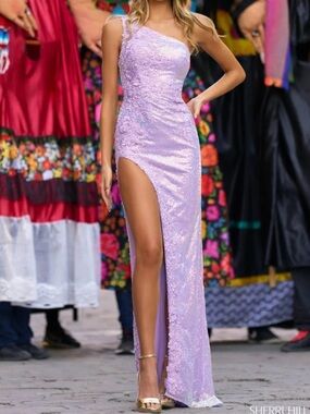 NWT Sherri Hill Sz 14 Lilac One-Shoulder Sequin Gown with High Slit 55311